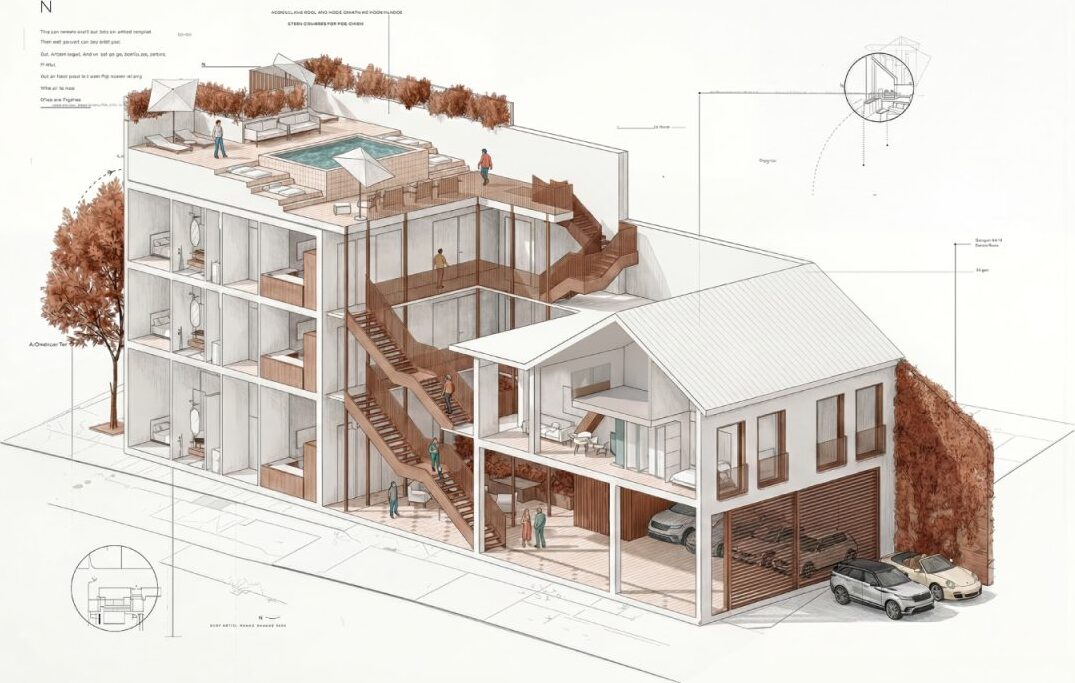Cutaway drawing of the building: rooftop pool and terrace, ten apartments around a central stair, a shared common area, and parking at street level.