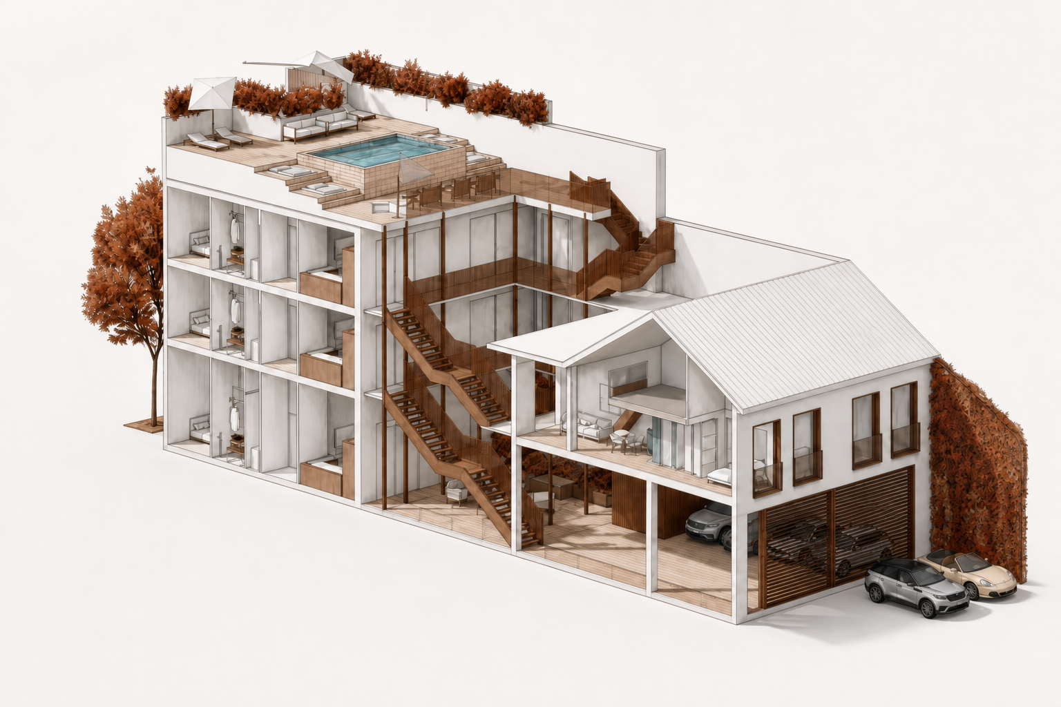 Cutaway 3D illustration of the Riba-roja building: three floors of apartments in section, a rooftop terrace with a pool, and covered parking at street level
