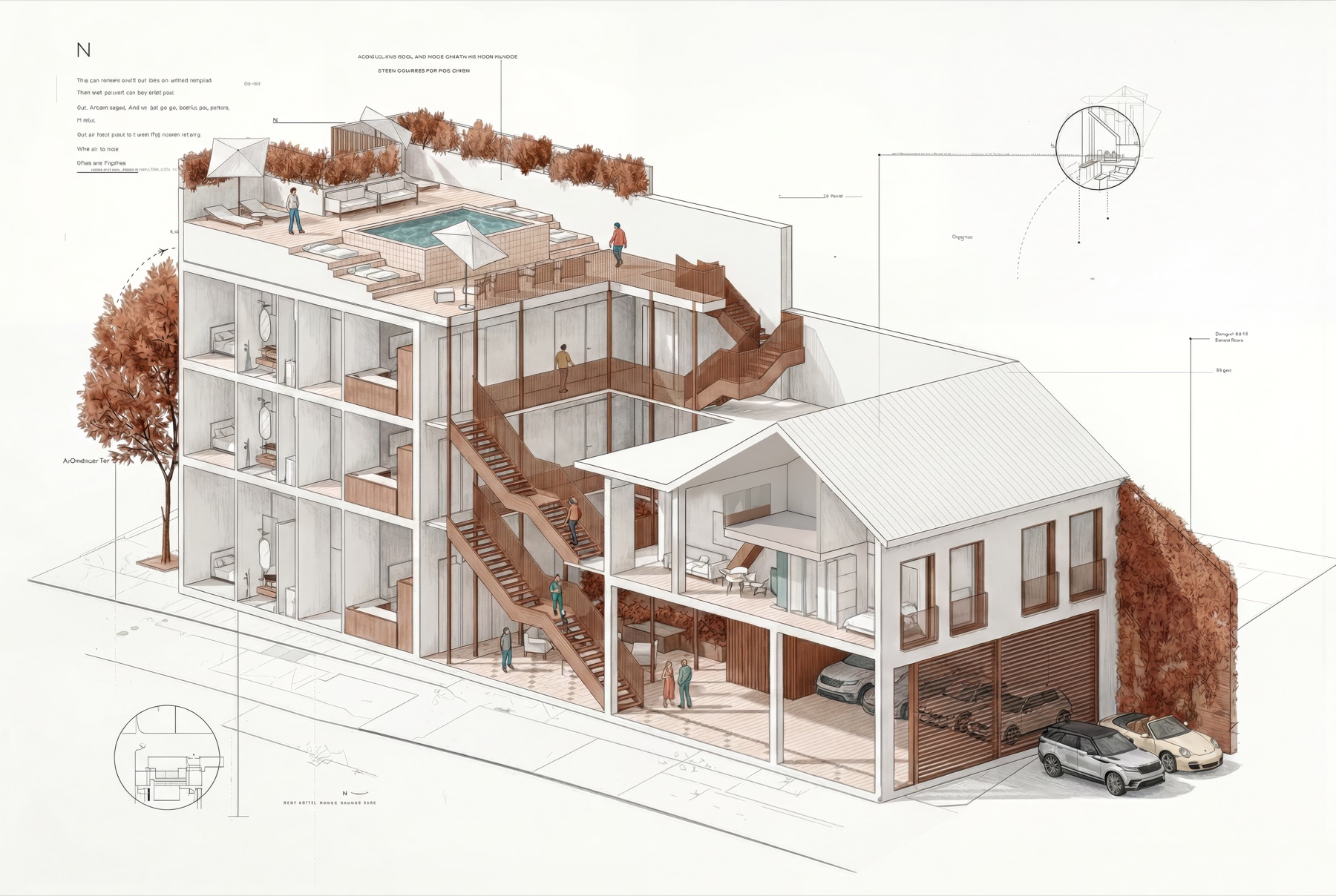 Axonometric cutaway drawing of the building: apartments in section, central stairs, rooftop pool terrace and covered parking