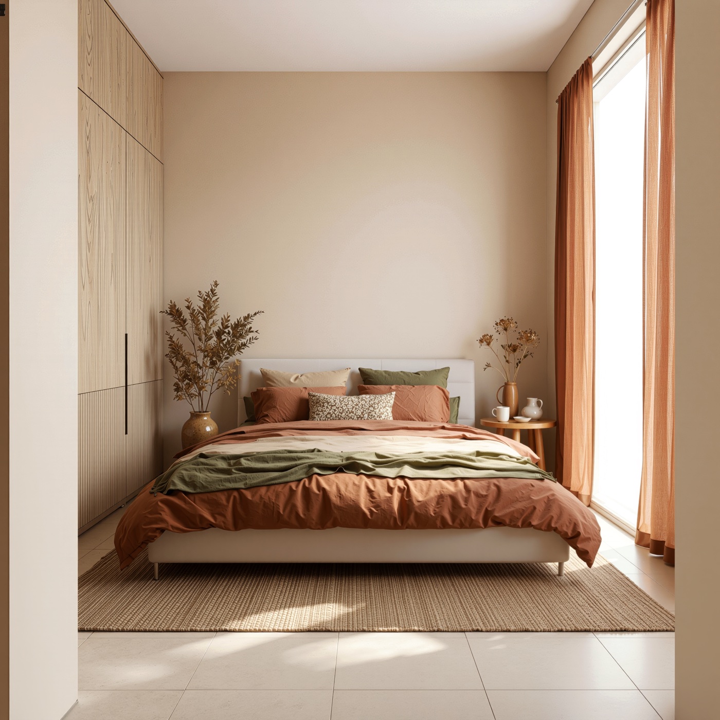 Bedroom render: bed with terracotta and olive linens, wooden wardrobe, tall window with curtains