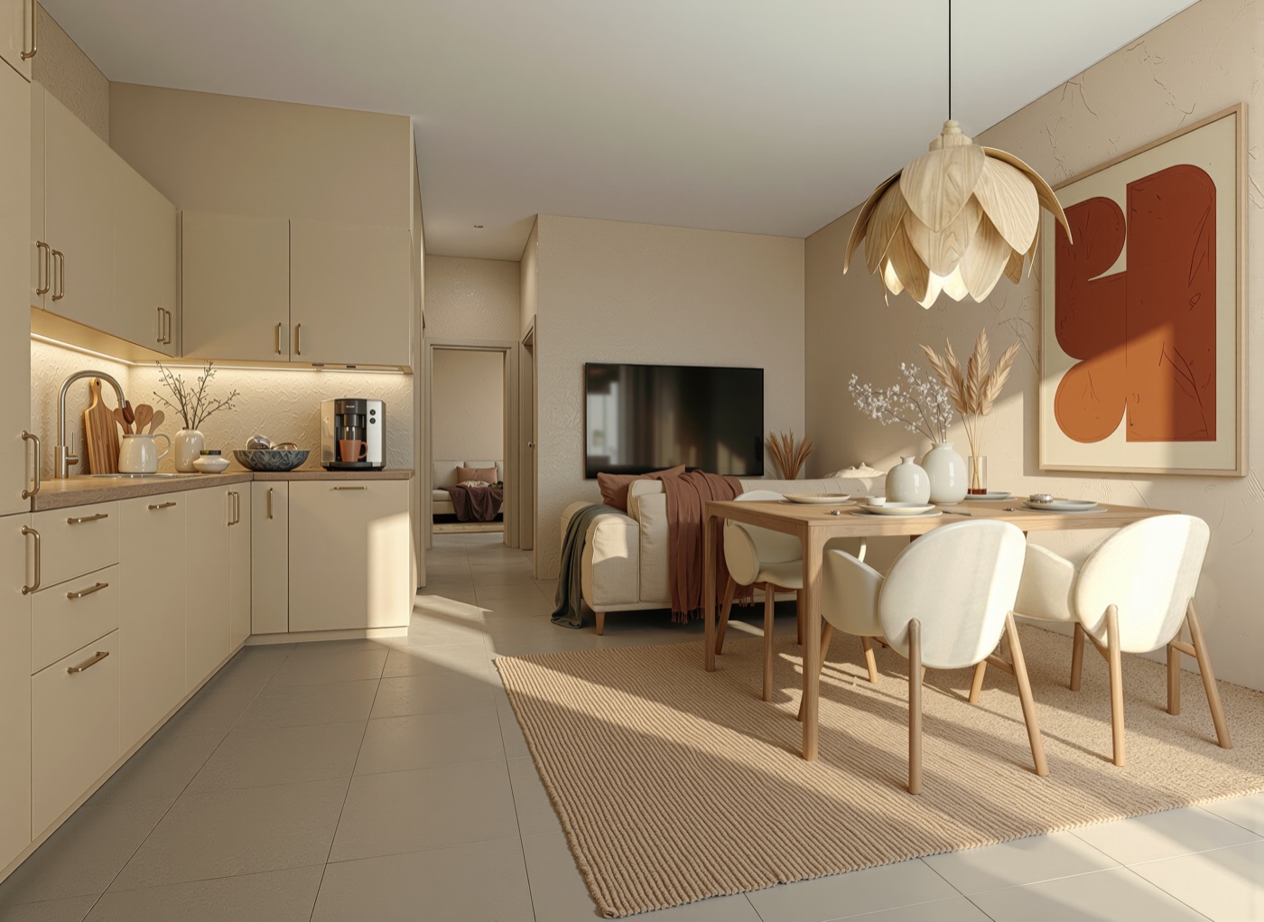 The living room: a fitted kitchen, a table for four under a pendant lamp, a sofa facing the television.