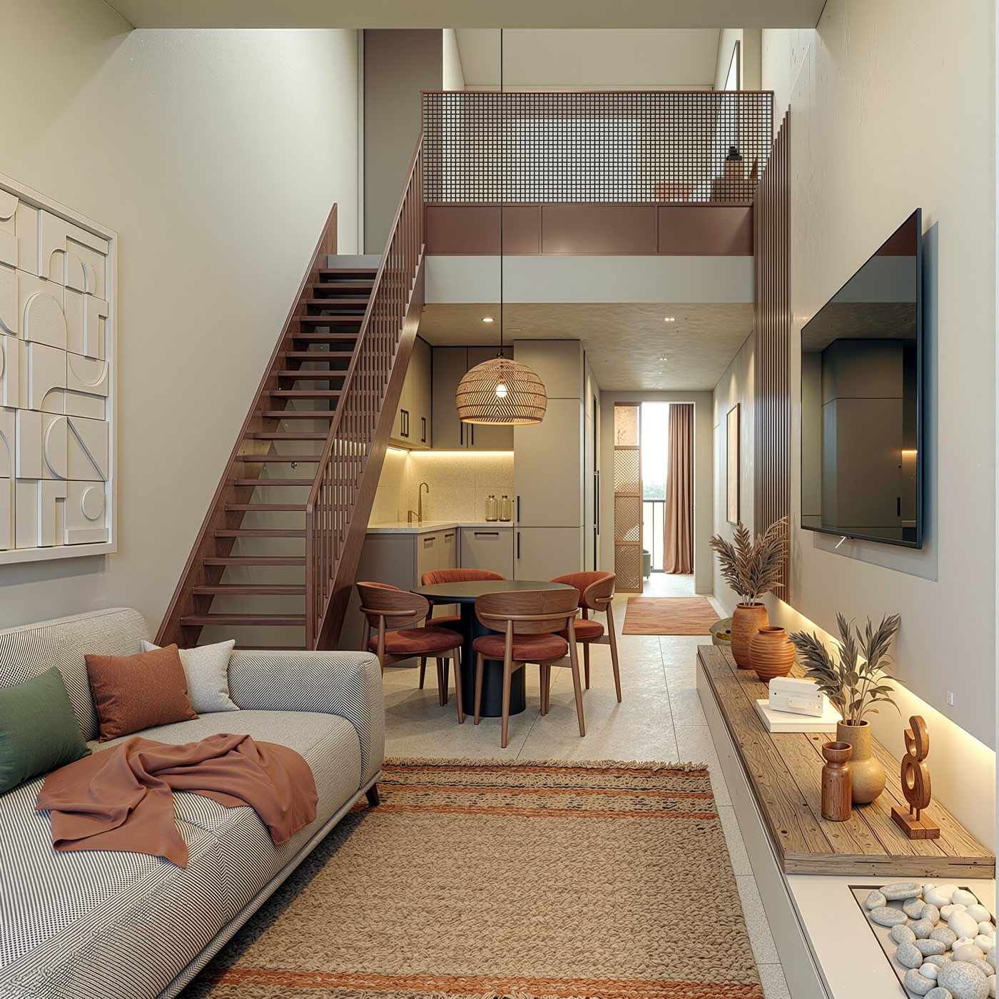Interior render: living room with a loft and tall windows.