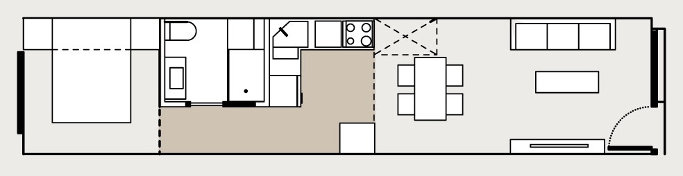 Long studio floor plan with sleeping area, bathroom, kitchen, dining table and living area