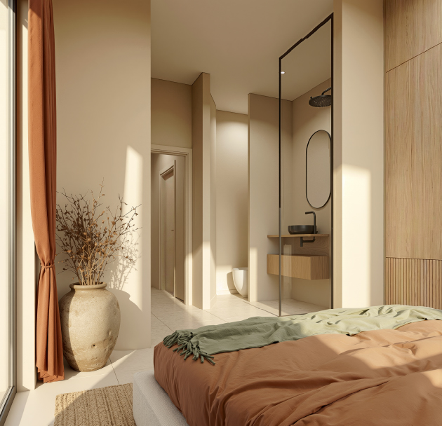 From the bed: a glass-walled shower, a round mirror over a floating oak vanity, a tall vase by the window.