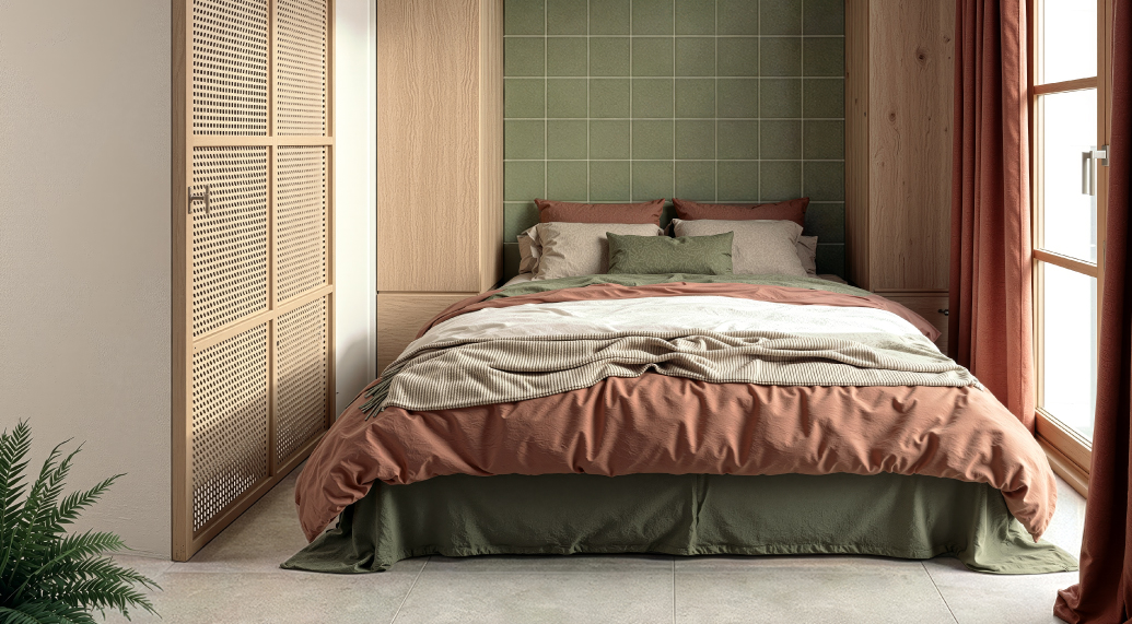 A second bedroom: green tiled headboard, oak panelling, a rattan wardrobe door, a window with terracotta curtains.